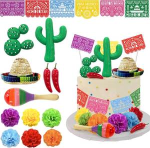 lot 401615 image: 25 PCS Mexican Fiesta Cake Topper Mini Mexican Papel Picado Banner Cactus Pepper Sombrero and Flower Cake Decor for Mexican Themed Party Decorations