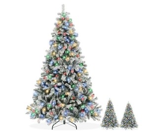 lot 187316 image: Retails for $175 6ft Snow-Flocked Pine with White and Multicolor LED Lights, 9 Light Sequence Artificial Holiday Christmas Tree with Sturdy Metal Stand