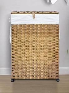 lot 111745 image: Retails for $120 70L Slim Laundry Hamper with Lid & Wheels, 1-Park Rolling Laundry Basket, Narrow Dirty Clothes Basket, Foldable Handwoven Rattan Laundry Sorter, Natural