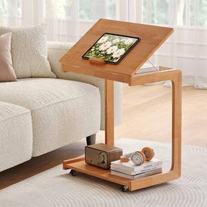 lot 111776 image: Uniclinens Rolling Side Table Desk Sofa - C Shape Couch End Table with Wheels, Mobile Wooden Slim Sofa Tray, Movable Small Couch Desk for Living Room Bedroom, Cherry