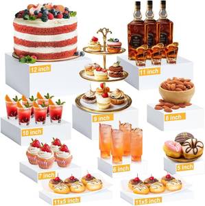 lot 211670 image: 10 Pcs Large Acrylic Buffet Risers, White Food Display Stands for Buffet, Dessert Table, Jewelry, and Catering, Stackable Food Risers with Hollow Bottoms, Nesting Cube Box (12-11-10-9-8-7-6-5)