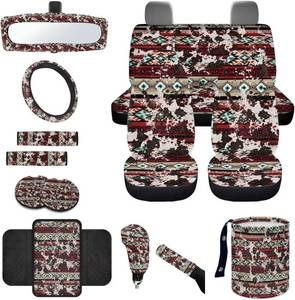 lot 211671 image: Wanyint Aztec Cow Print Red Car Seat Covers - 14 Pcs, Including Steering Wheel, Seat Belt Pad, Garbage Bin, Armrest, Rearview Mirror, Handbrake Covers and Coasters - Universal Fit