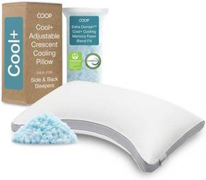 lot 211683 image: Retails for $159 Coop Home Goods Cool Crescent Adjustable Pillow, Queen Size Plus Shaped Memory Foam Pillows with Cooling Gel, Neck Support, Back or Side Sleeper Pillow, CertiPUR USGREENGUARD Gold