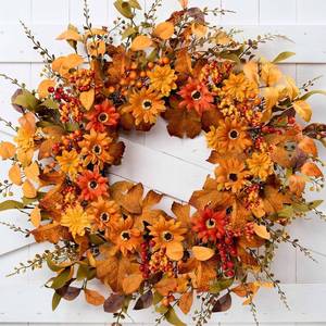 lot 211685 image: Artificial Fall Wreath 22 Inch Fall Wreaths for Front Door with Orange Berries Daisies Eucalyptus Leaves Autumn Door Wreaths for Thanksgiving Harvest Festival Wall Porch Farmhouse