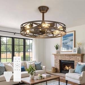 lot 311598 image: Depuley Caged Ceiling Fans with Light 24-Inch Black Metal Enclosed Farmhouse Fandelier for Kitchen Bedroom - Industrial Semi Flush Mount Ceiling Fan with Remote 6 Speeds Reversible Motor Timer