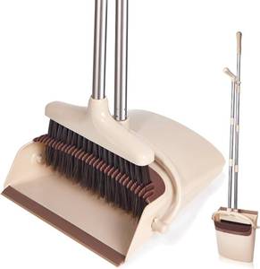lot 411537 image: Broom and Dustpan Set with Long Handle, Light Weight Stainless Steel Poles Stand Upright Dustpans with Broom Combo for Home Kitchen Office Pet Dog Hair, Brown & Beige Color, 1-Pack
