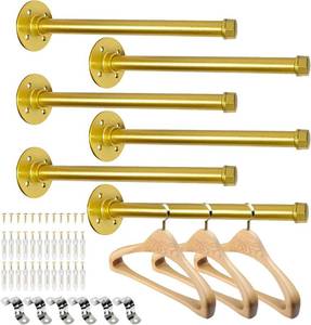 lot 411538 image: Pintuson 12 Inch Industrial Pipe Clothes Bars, Heavy Duty Wall Mounted Clothes Rack for Hanging Clothes, Closet & Laundry Room Storage, Boutique & Retail Display, DIY Shelf Brackets, Gold, 6 Pack