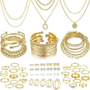 lot 411546 image: FAXHION 68 Pcs Gold Jewelry Set for Women with 7 Necklace, 17 Bracelet, 5 Hoop Earrings, 15 Stud Earrings, 24 Knuckle Rings for Women Jewelry Set for Women Gift