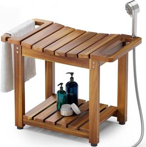 lot 171458 image: BLUEWEST 23.4 Inch Shower Bench with Storage Shelf, Natural Wood and Handle