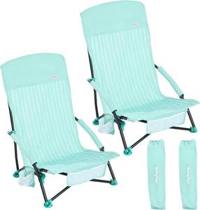 lot 171478 image: SUNNYFEEL Low Beach Chair 2 Pack, High Back Folding Beach Chairs for Adults with Cup Holder & Side Pocket, Lightweight Backpack Sand Chair Portable for Beach Camping Concert Lawn