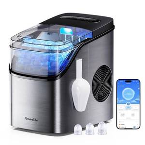 lot 271490 image: Retails for $125 GoveeLife Smart Ice Maker Countertop, Portable Ice Machine with Voice Control, 9 Ice Cubes in 6 Minutes 3 Sizes, 26lbs24Hrs, Self Cleaning RGB Lights, Quiet Ice Maker with Scoop for Kitchen Silver