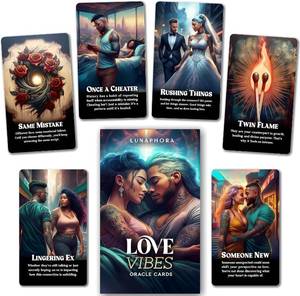lot 271532 image: Love Vibes Oracle Cards - Twin Flame Soulmate Oracle Tarot Cards with Keywords and Meanings on Them - For Beginners to Expert Intuitives - 60-Card Love Oracle Deck for Romance & Relationship Readings