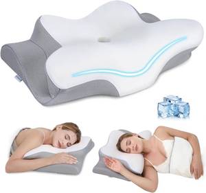 lot 371445 image: Cervical Neck Pillow, Memory Foam Pillows for Neck and Shoulder Pain Relief, 2 Heights Ergonomic Pillow with Breathable Ice Silk Cover, Neck Support Pillow for Side Sleepers,White