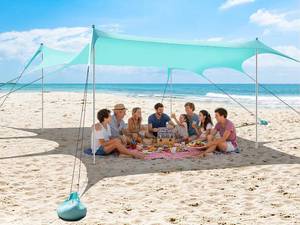 lot 371459 image: Retails for $110 Beach Tent Sun Shelter 14 x 11FT, UPF50 Protection Beach Shade Canopy with 8 Sandbags, Sand Shovel, Ground Pegs & Stability Poles, Beach Canopy for Camping, Fishing, Picnics, Trips