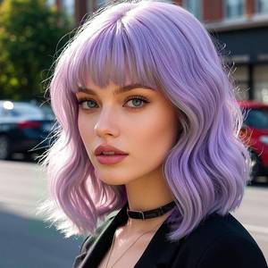lot 371469 image: andromeda Purple Short Bob Wavy Wig with Bangs for women (14 Inch)