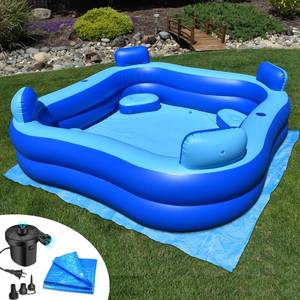 lot 371476 image: Inflatable Pool wSeats & Headrests, 8ft x 8ft, Comes with Electric Pump and Ground Tarp Included - Fast Setup and Reinforced Seams