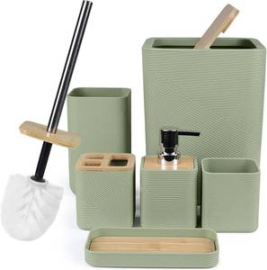 lot 471584 image: CERBIOR Bamboo Bathroom Accessories Set 6 Piece Square Spiral Set,Green