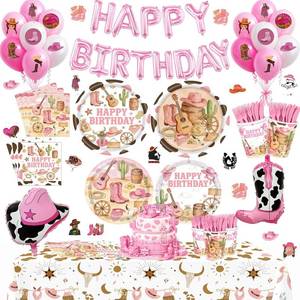 lot 471585 image: 217Pcs Pink Western Party Decorations, Cowgirl Birthday Tableware Set