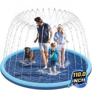 lot 471589 image: Non-Slip Splash Pad for Kids and Dog, 110 Extra Large Baby Play Mat, Dog Pool Toys, Thicken Sprinkler Pool Summer Outdoor Water Toys for Ages 3-12 Boys Girls, Parent-Kids &Games Fun Backyard (Blue)