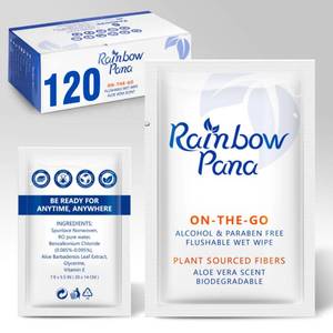 lot 471609 image: RainbowPana Flushable Wipes - 120 Count, ON-THE-GO Individually Wrapped - Travel Butt Wipes for Men and Women, Family - Infused with Vitamin E and Natural Aloe, pH Balanced, ParabenFragranceAlcohol Free, 100% Plant Sourced Fibers