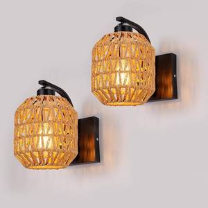 lot 471611 image: lobolighting Boho Rattan Wall Sconces Set of Two Hardwired Hand-Woven Farmhouse Wall Lamps Indoor Rustic Wall Mount Light Fixtures for Bedroom Living Room Nursery Hallway (Bulbs Not Included)