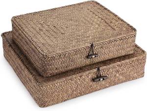 lot 471614 image: Hipiwe Set of 2 Flat Wicker Storage Basket Bins with Lid Woven Seagrass Box