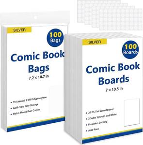 lot 471619 image: SUNEZLGO Silver Age Comic Book Bags And Boards 100 Comic Book Sleeves And 100 Comic Book Boards, Acid-Free Clear Comic Book Storage,Comic Book Backing Boards 27 pt,Thick and Coated Comic Backing Board