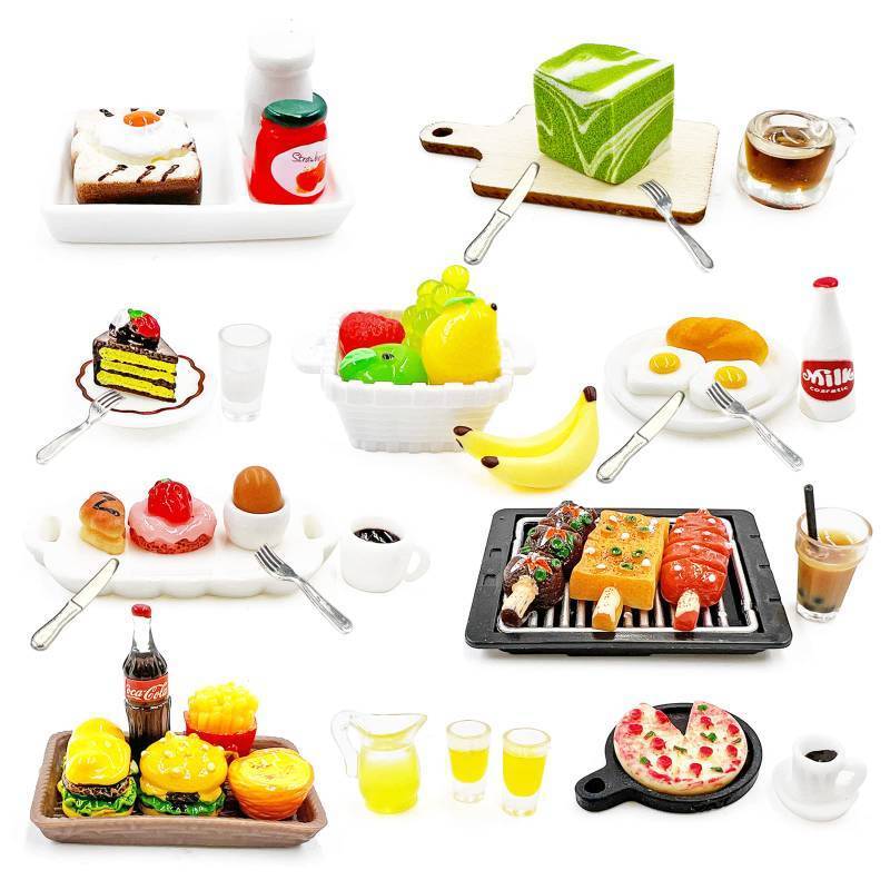 lot 2023 image: 10 Set 50 Pieces Miniature Food Fits Doll Accessories Mini Drink Milk Hamburger Fries Cola Juice Plate Knife Fork Spoon Dessert Cake BBQ Milk Tea Fruit Fast Set Pretend Kitchen Play Toys Dollhouse Retail $17.49
