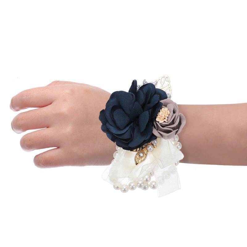 lot 2053 image: MECCANIXITY Wrist Corsage Artificial Flower Bracelets Pack of 6 Rose Wrist Bride Groom Decorative for Wedding Ceremony Prom Party Anniversary, 10x8cm Dark Blue Retail $24.66