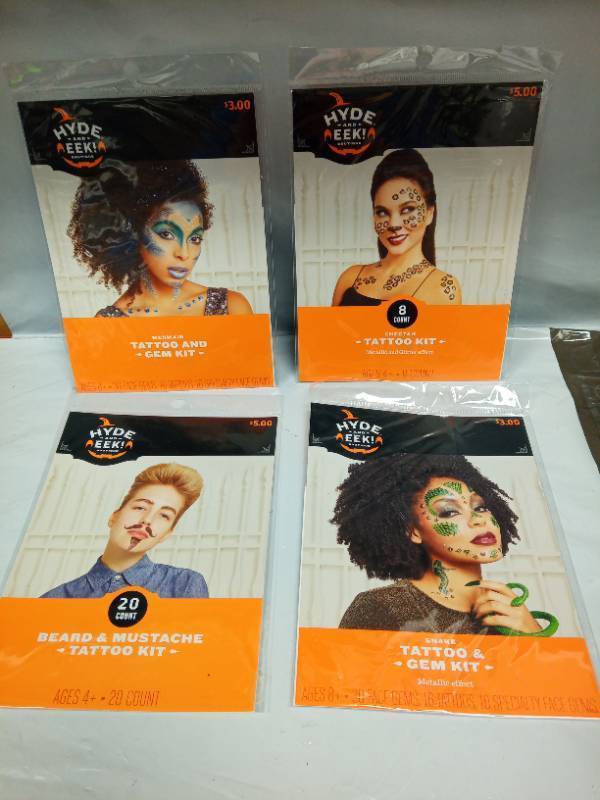 lot 2061 image: Hyde and Eeki Boutique Tattoo Kit Lot 4-Pack Mermaid Cheetah Snake Beard - Retail $0