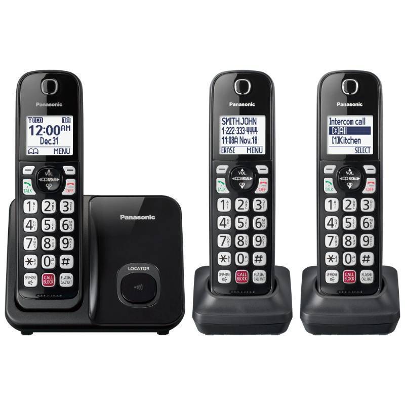 lot 2075 image: Panasonic Cordless Phone with Advanced Call Block, Bilingual Caller ID and Easy to Read Large High-Contrast Display, Expandable System with 3 Handsets - KX-TGD813B (Black) - Retail $80