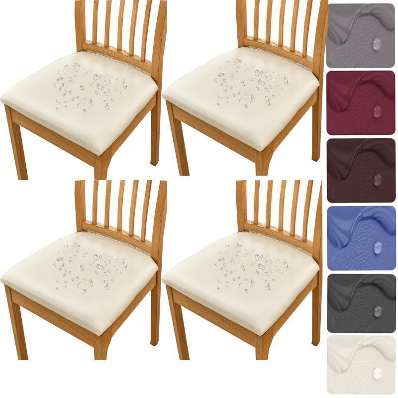 lot 2076 image: Seat Covers for Dining Chairs, Stretch Waterproof PU Set of 4 Washable (Beige) Retail $24.98