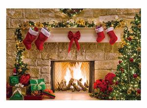 lot 2083 image: Funnytree 7x5ft Christmas Fireplace Backdrop Interior Vintage Xmas Tree Stockings Photography Background Portrait Photobooth Party Banner Decorations Photo Studio Props - Retail $20