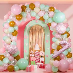 lot 2084 image: Christmas Balloon Garland Arch Kit, Pink Green Balloons with Candy Cane Foil Balloons for Christmas Party Decorations Xmas New Year Birthday Party Supplies - Retail $10