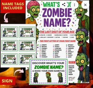 lot 2087 image: Whats Your Zombie Name Game with Name Tags Included - Retail $0