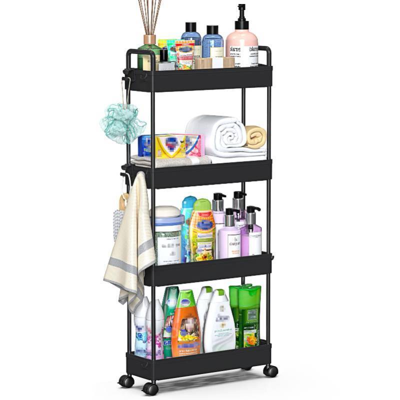 lot 1095 image: SOLEJAZZ Slim Rolling Storage Cart with Wheels 4 Tier Skinny Bathroom Storage Organizer Narrow Shelf Unit Thin Laundry Room Utility Cart for Bedside Kitchen Office Next to Fridge Small Places, Black Retail $27.62
