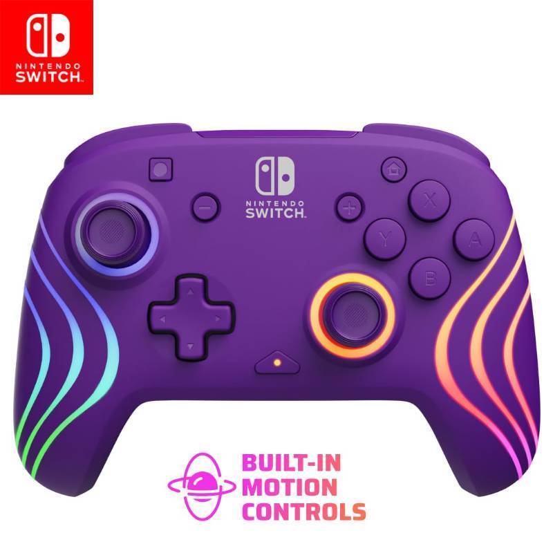 lot 1070 image: PDP Afterglow Wave Wireless Nintendo Switch Pro Controller with Motion Controls, Fully Licensed for SwitchOLED, Customizable LED Lighting, 30 Foot Range, 20 Hour Rechargeable Battery Power Purple Retail $49.99