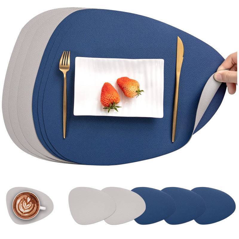 lot 1076 image: Myir JUN Placemats, Dual-Sided Placemats Waterproof Faux Leather Placemats Set of 6 Place Mats and Coasters Non-Slip Washable Table Mats for Dining Table (Light Gray Blue, Set of 6) Retail $28.74