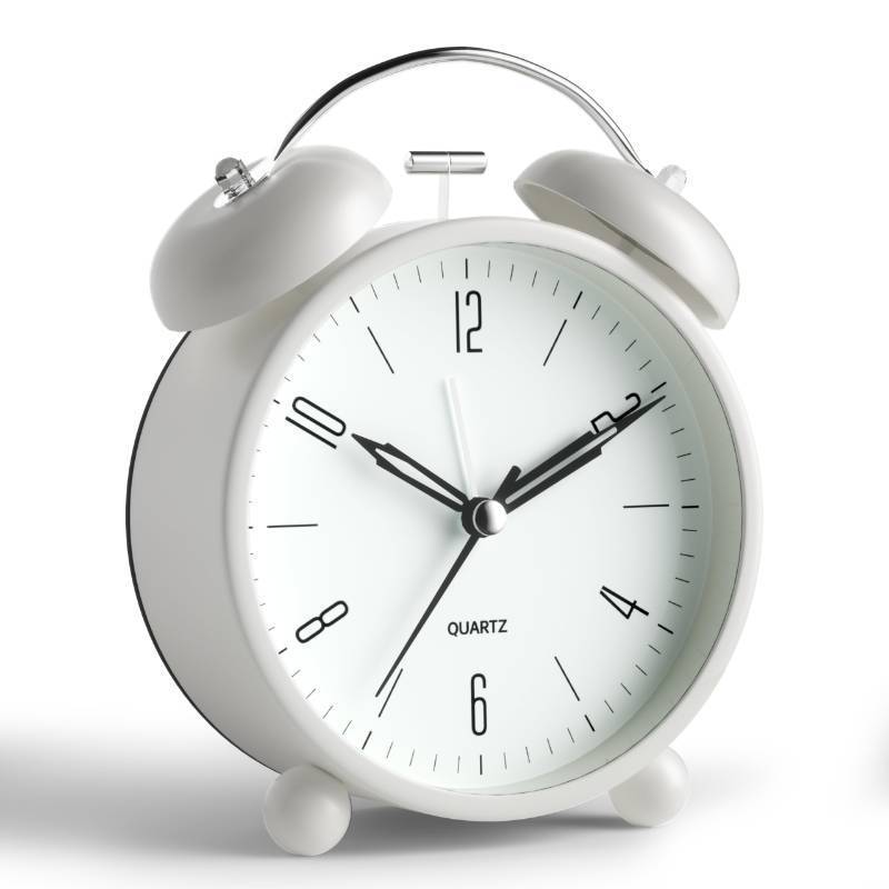 lot 1077 image: Twin Bell Loud Alarm Analog Alarm Clock, 4 inch Super Silent Non Ticking Small Clock with Night Light, Battery Operated, Simple Design, Old Fashioned, for Heavy Sleeper, Bedroom, Bedside, Desk, White Retail $18.74