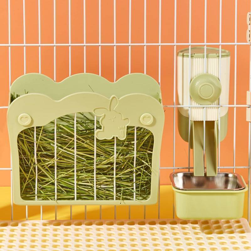 lot 1019 image: Rabbit Hay Feeder, 3-in-1 Feeding Set with Food Bowl and Hanging Funnel for cage, Hay Rack for Bunny Guinea Pig Chinchilla (Green) - Retail $35