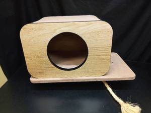 lot 1055 image: Wood Cat House with Cushion and Rope Toy.  Single Part of a Cat Tower - Retail $0
