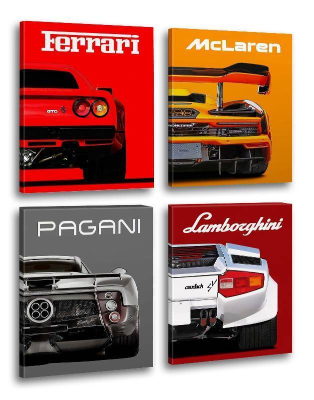 lot 28551 image: Modern Car Posters Classic Supercar Wall Art Prints, Ferrari Lamborghini McLaren Pagani Canvas Posters for Man Cave Boys Room Wall Decor, Sports Car Art Prints, 4 Set - 8x10 Frame, Ready to Hang - Retail $28