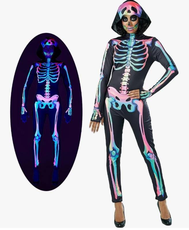 lot 28573 image: Women Rainbow Skeleton Costume Hooded Jumpsuit for Halloween Dress Up Party, UV Blacklight Reactive - Retail $25