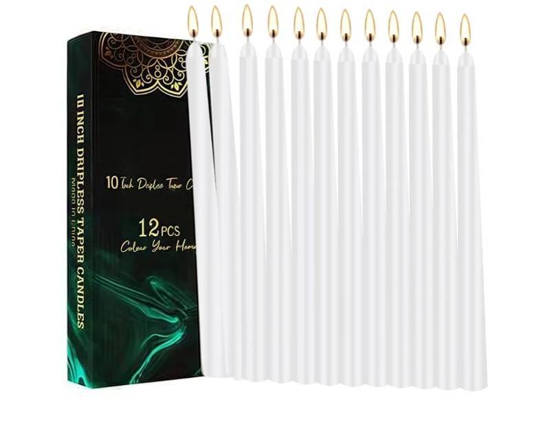 lot 28578 image: 10-Inch White Taper Candles 12 Pack, Unscented Smokeless Dripless Candlesticks, 7-8 Hours Long Burning for Home Decor, Dinner, Church & Emergency Use, Weddings & Everyday Use (12, White) (one stick is broken, see picture for reference) - Retail $10