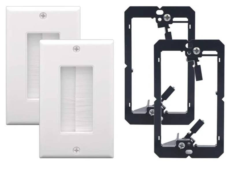 lot 28595 image: VCE Brush Wall Plate Cable Pass Through with Bracket, Decorator Cover for Low Voltage Cables - White, 2-Pack - Retail $10