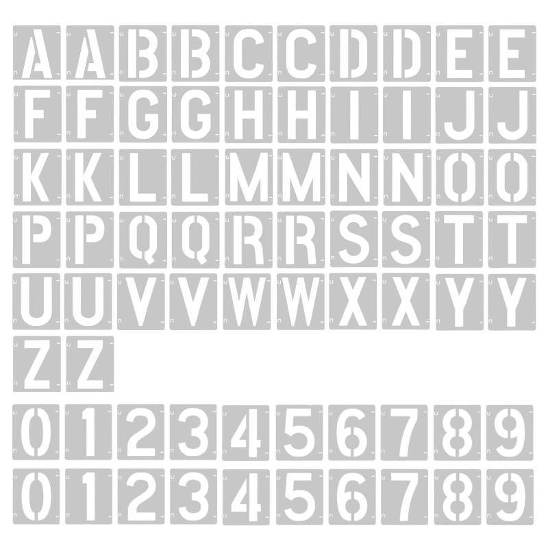 lot 28674 image: 2 Pack - 1 Inch Letter Stencils Set, 72 Reusable Stencils for Painting On Wood, Metal, Walls, Fabric, Rocks with Interlocking, Perfect for Banners, Sign Making & DIY Art9(1 inch) - Retail $10