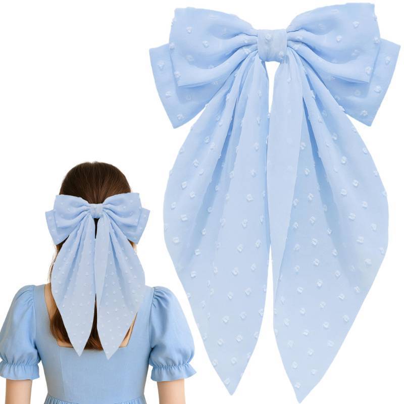 lot 28676 image: 8 Inch Blue Hair Bows Barrettes for Women & Girls Large Satin Bow Hair Clip - Retail $7