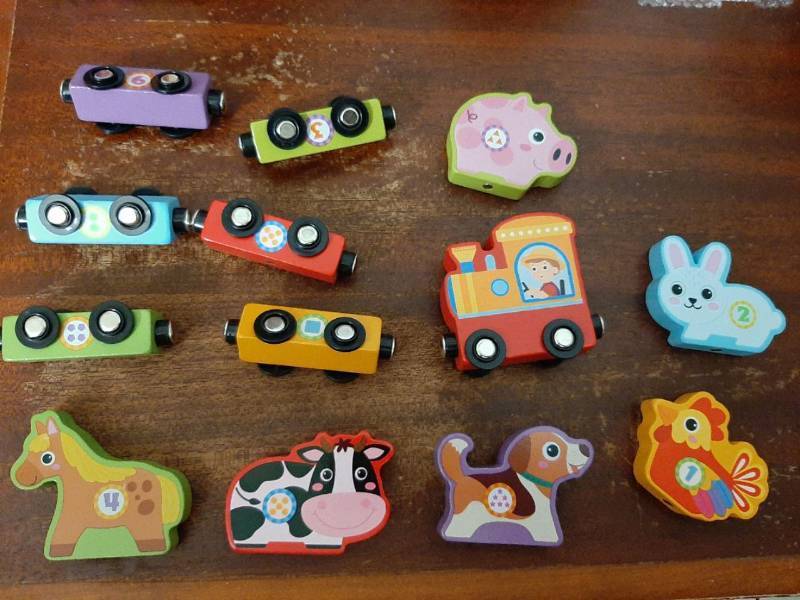 lot 28691 image: Toddler Sorting & Stacking Toy with Wooden Magnetic Animal Train, 6 Farm Number Stacking Blocks Nesting Set, Montessori Educational Preschool Toy for Toddlers Boys Girls Kindergarten Gift - Retail $20