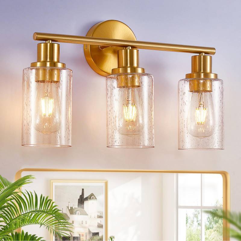 lot 28738 image: 3-Light Bathroom Light Fixtures Gold Modern Vanity Wall Lights with E26 Bulbs - Bubbled Glass Shade Bathroom Wall Lamp for Mirror Kitchen Living Room Hallway Cabinet Porch - Retail $41