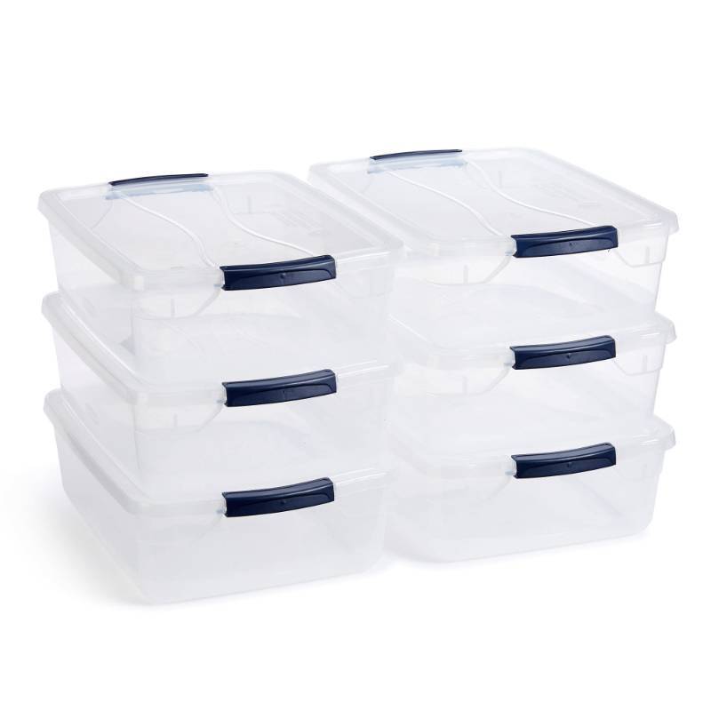 lot 28746 image: Rubbermaid Cleverstore 17 Quart Clear Latching Waterproof Stackable Airtight Storage Containers with Durable Latching Lids. Missing Lids.... - Retail $75